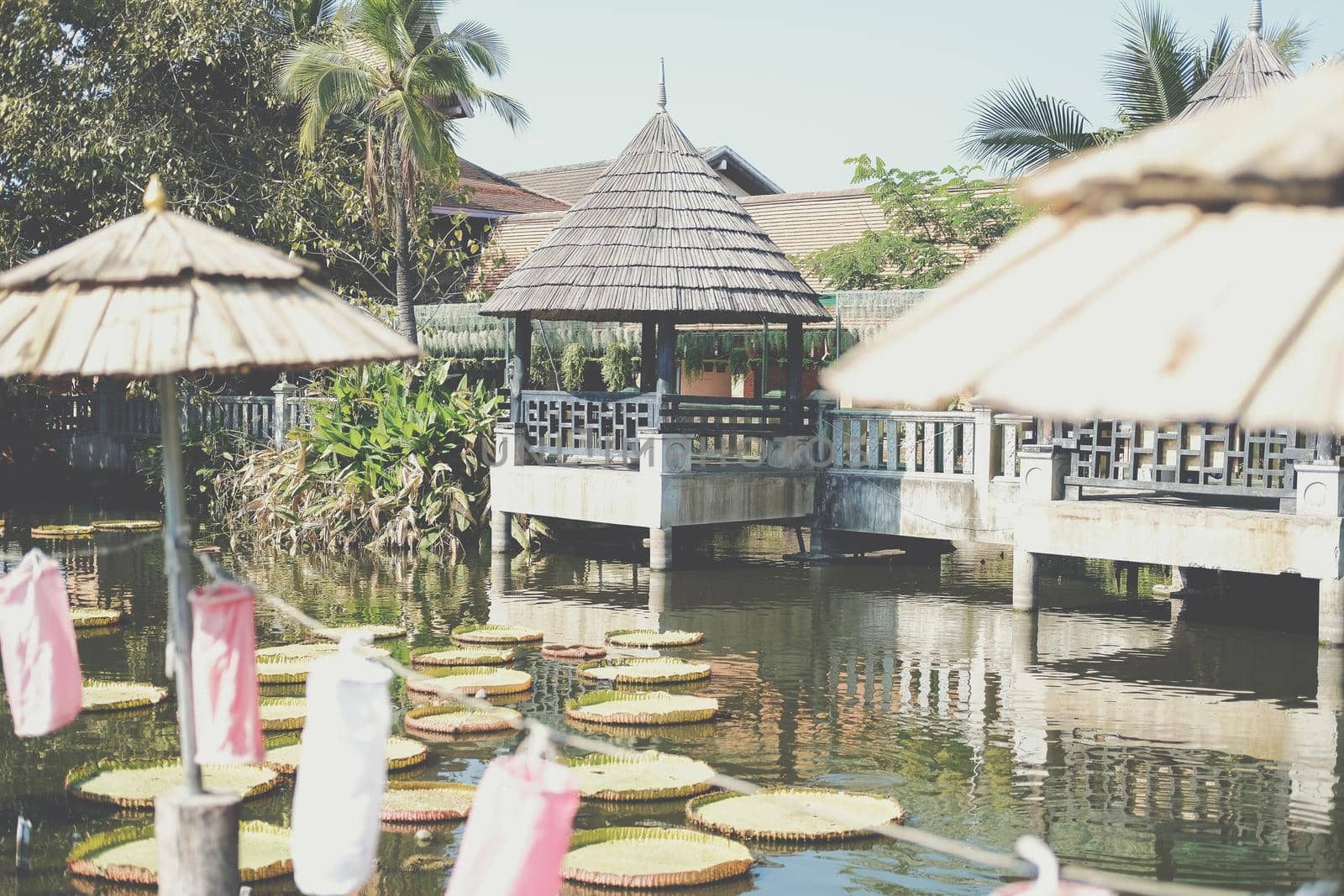 gazebo pavilion beside pond in garden