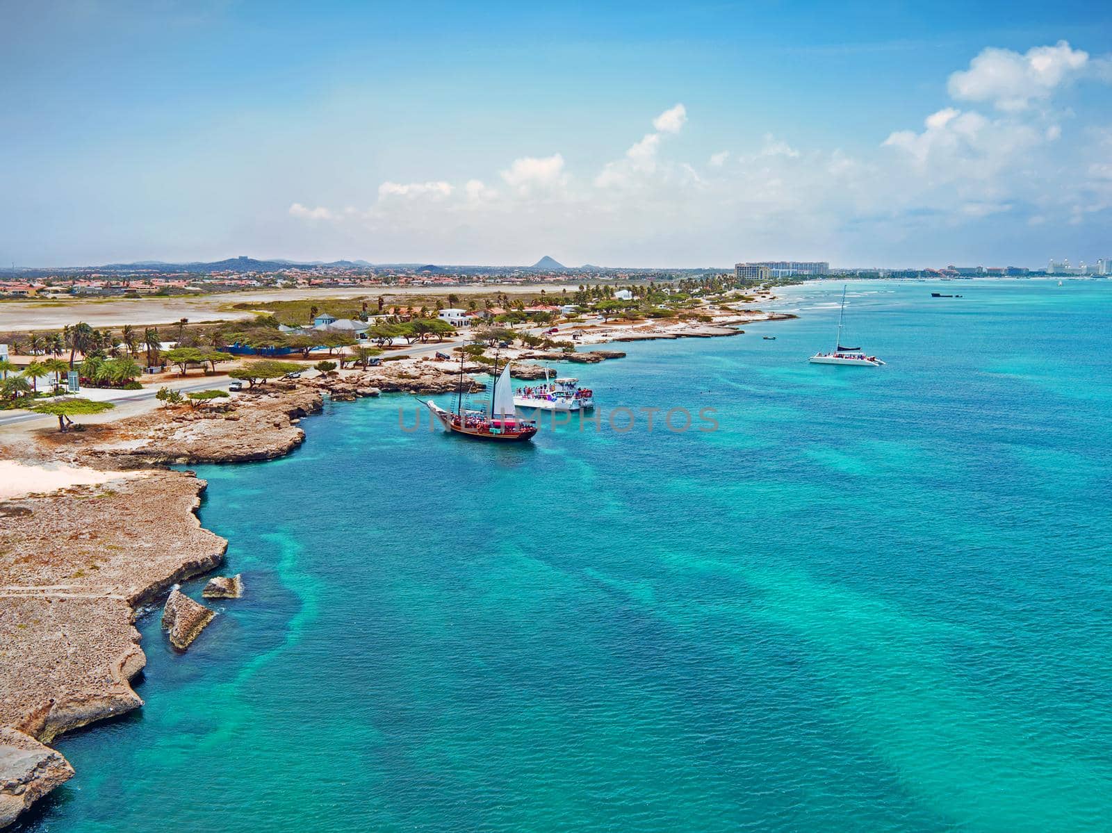 Aerial from Aruba island with Palm Beach in the Caribbean Sea