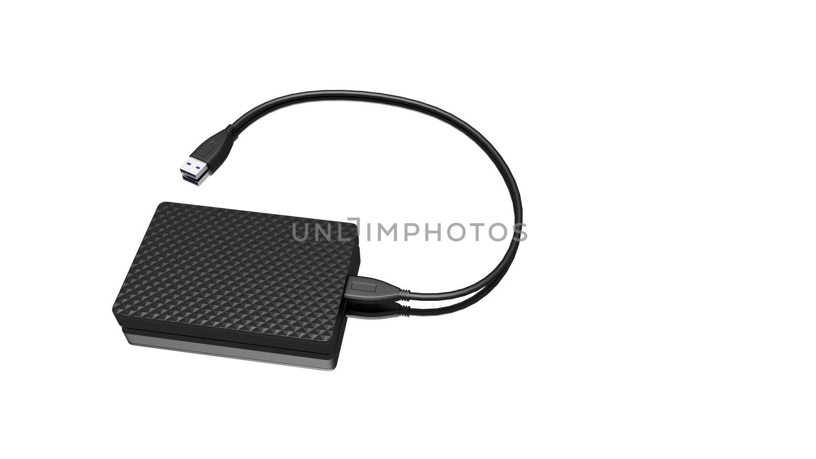 Portable external hard disk drive with USB cable on white background. by Photochowk