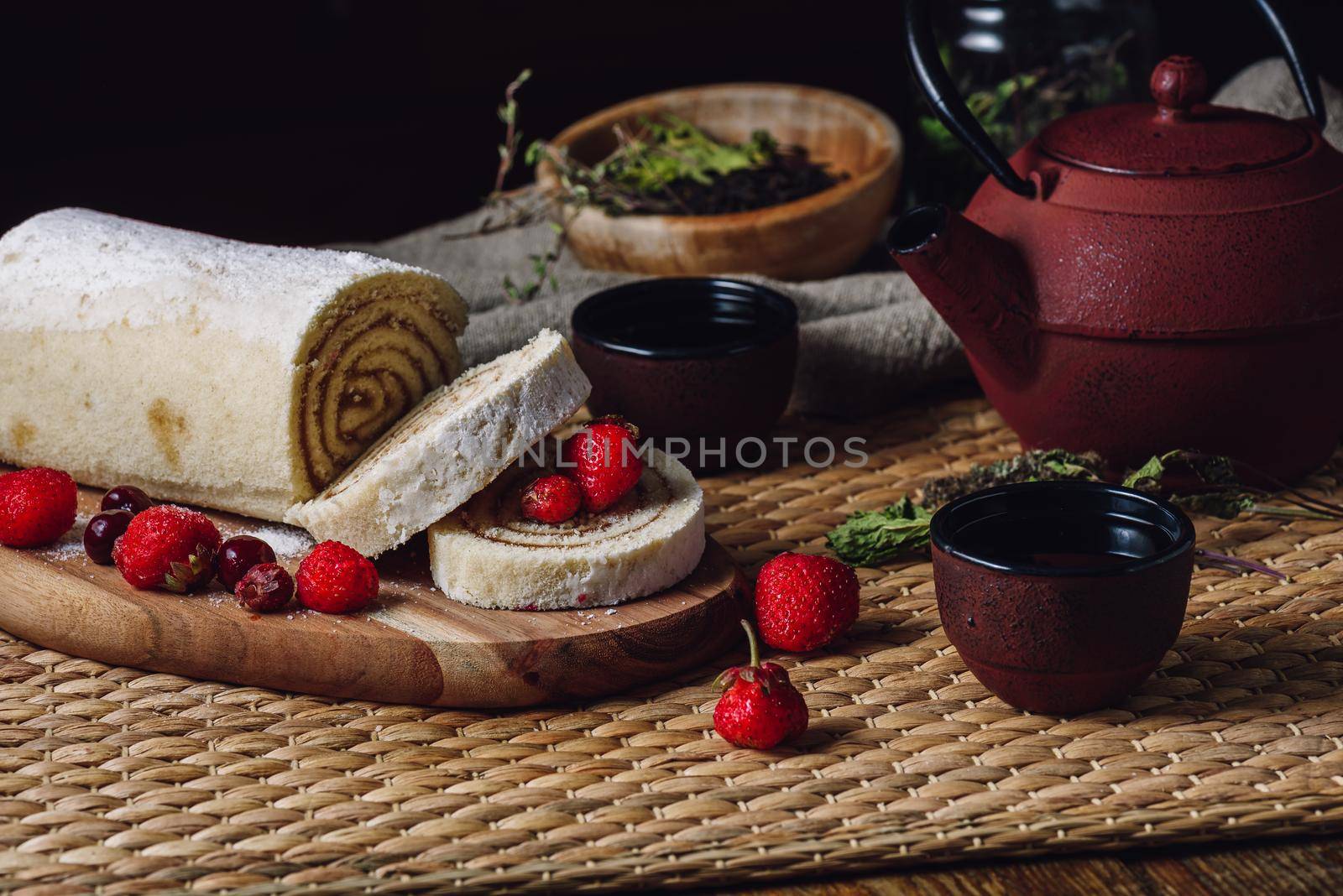 Biscuit Roll for Breakfast with Tea and Berries