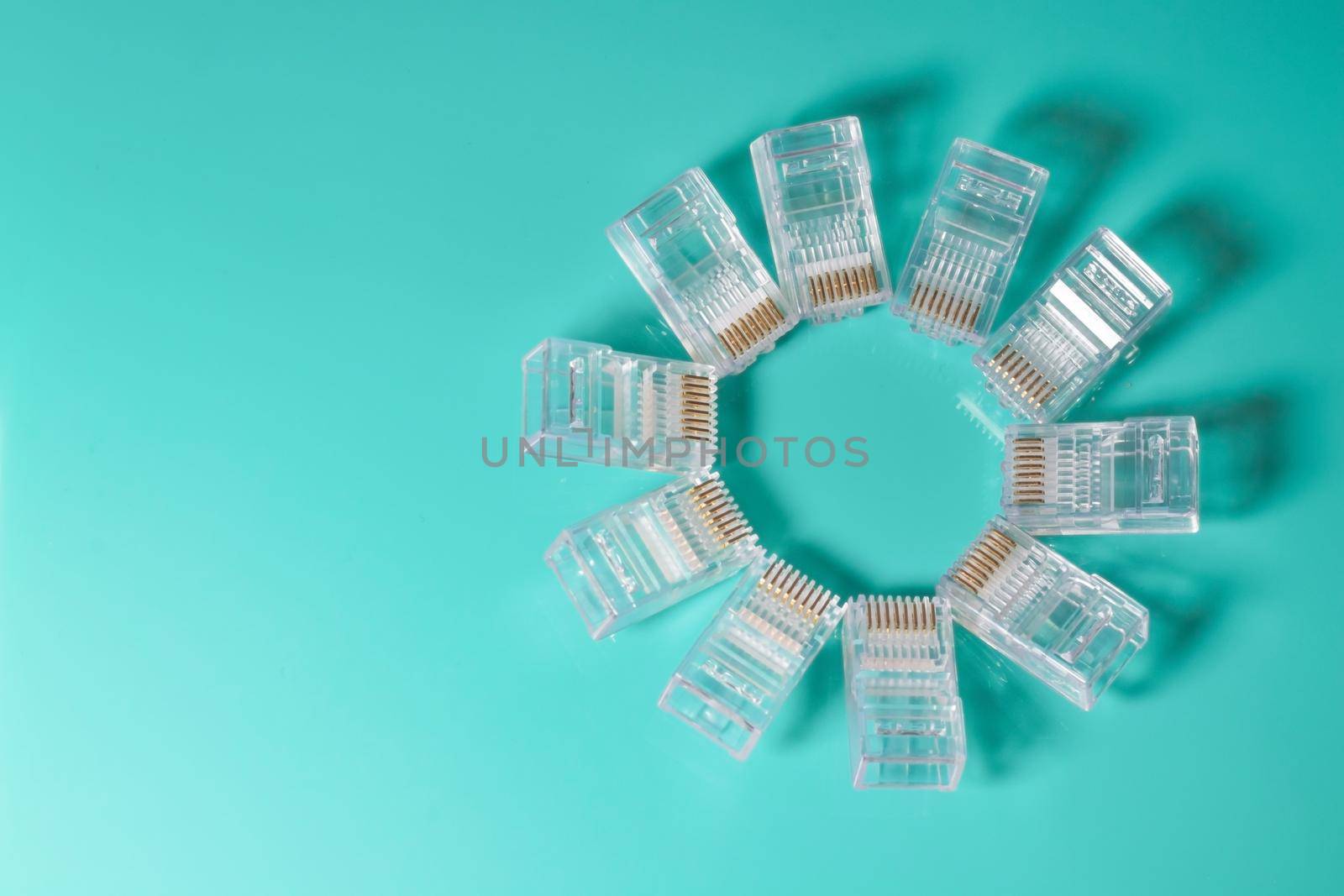 Transparent plug ethernet rj-45 connector to connect to the Internet isolated background.