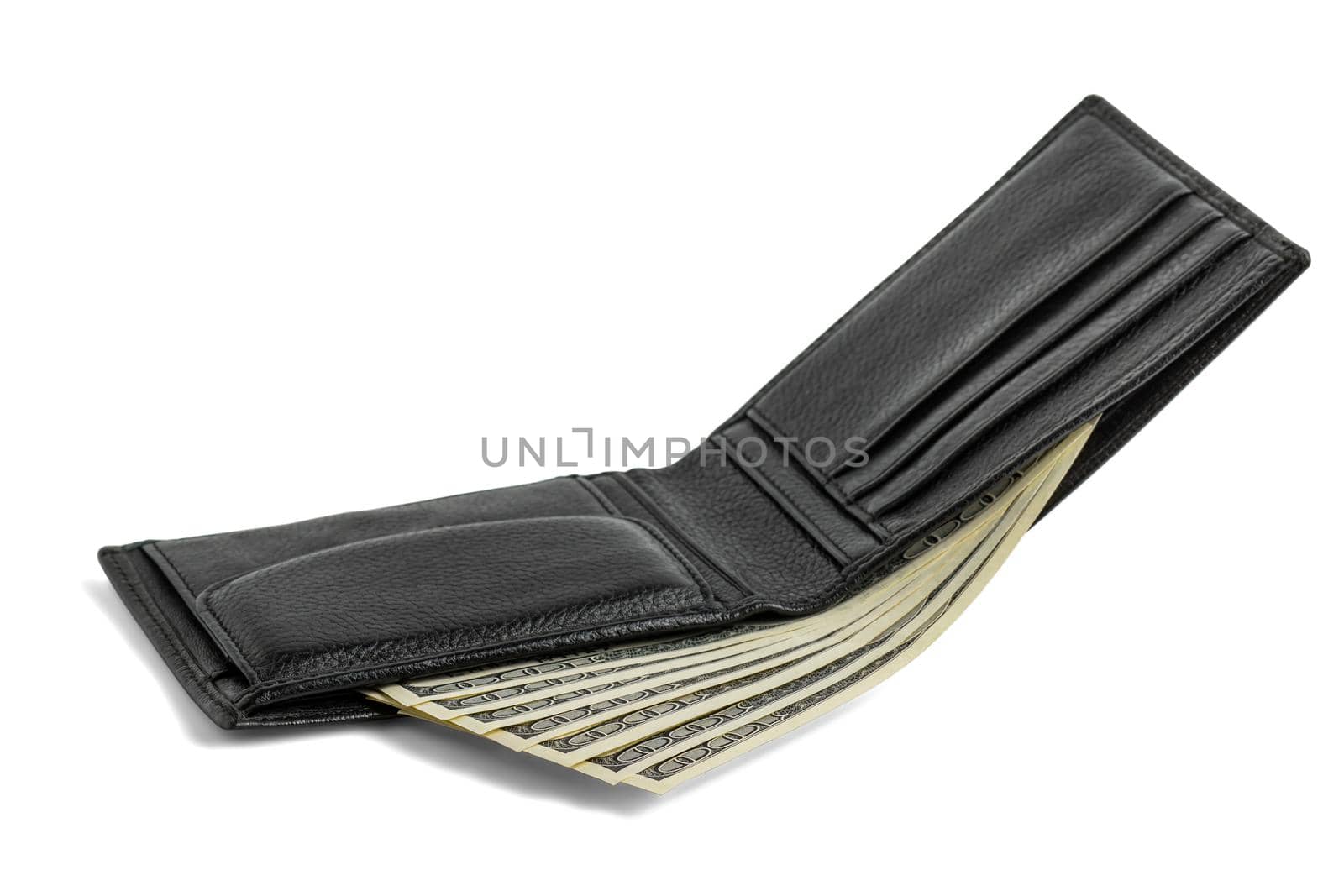 Wallet with banknotes. Paper money in wallet isolated on white with shadow. National currency of the USA.