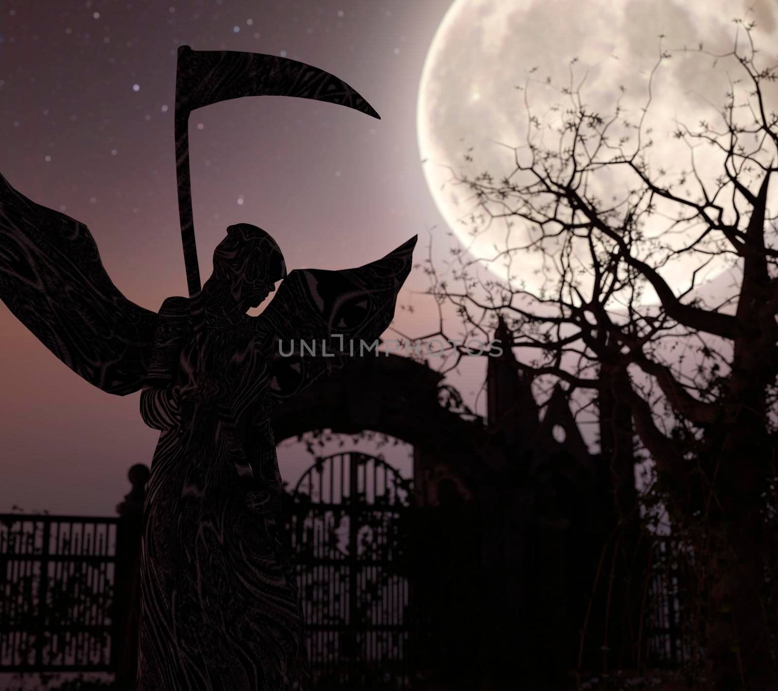 Angel of Death in front of a gate - Spooky night background with moon.