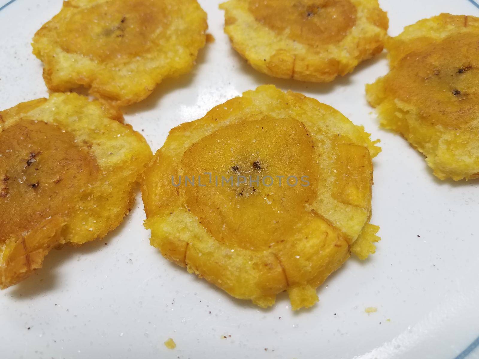 Puerto Rican flat plantains with salt called tostones, on white plate by stockphotofan1