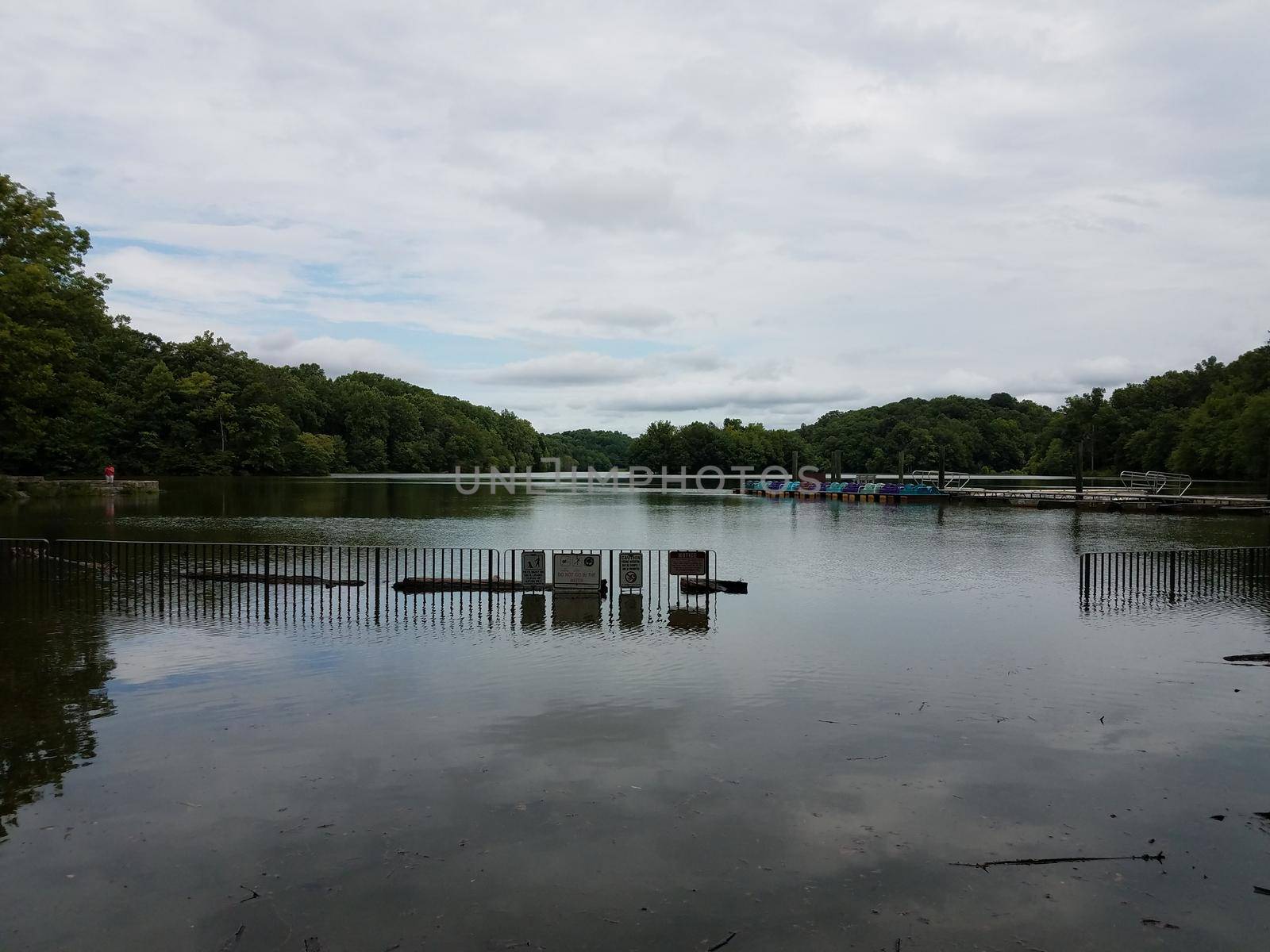 a metal fence and flooded lake with paddle boats