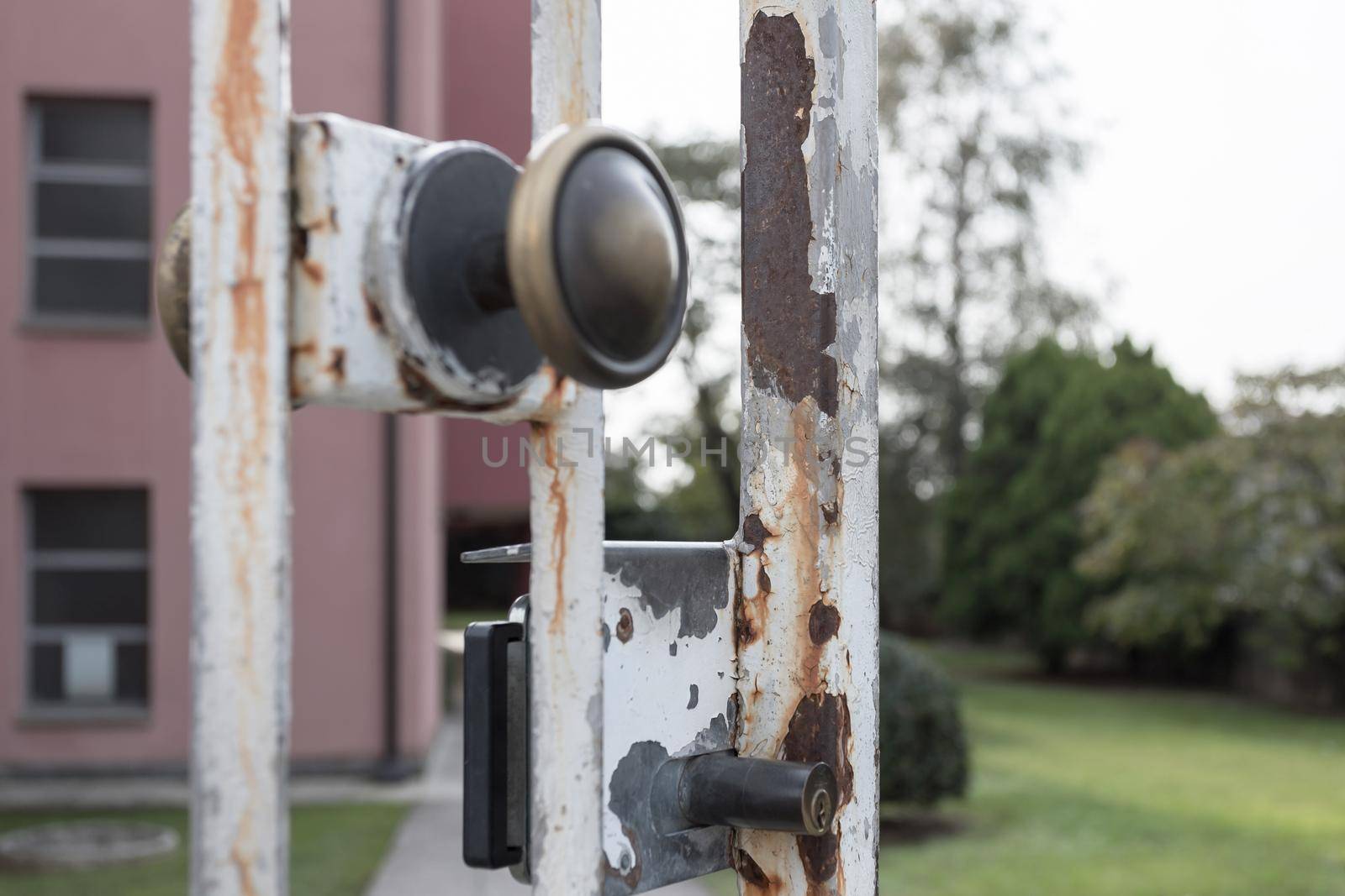 Old rusty white gate. On defocused background a green garden with a house.