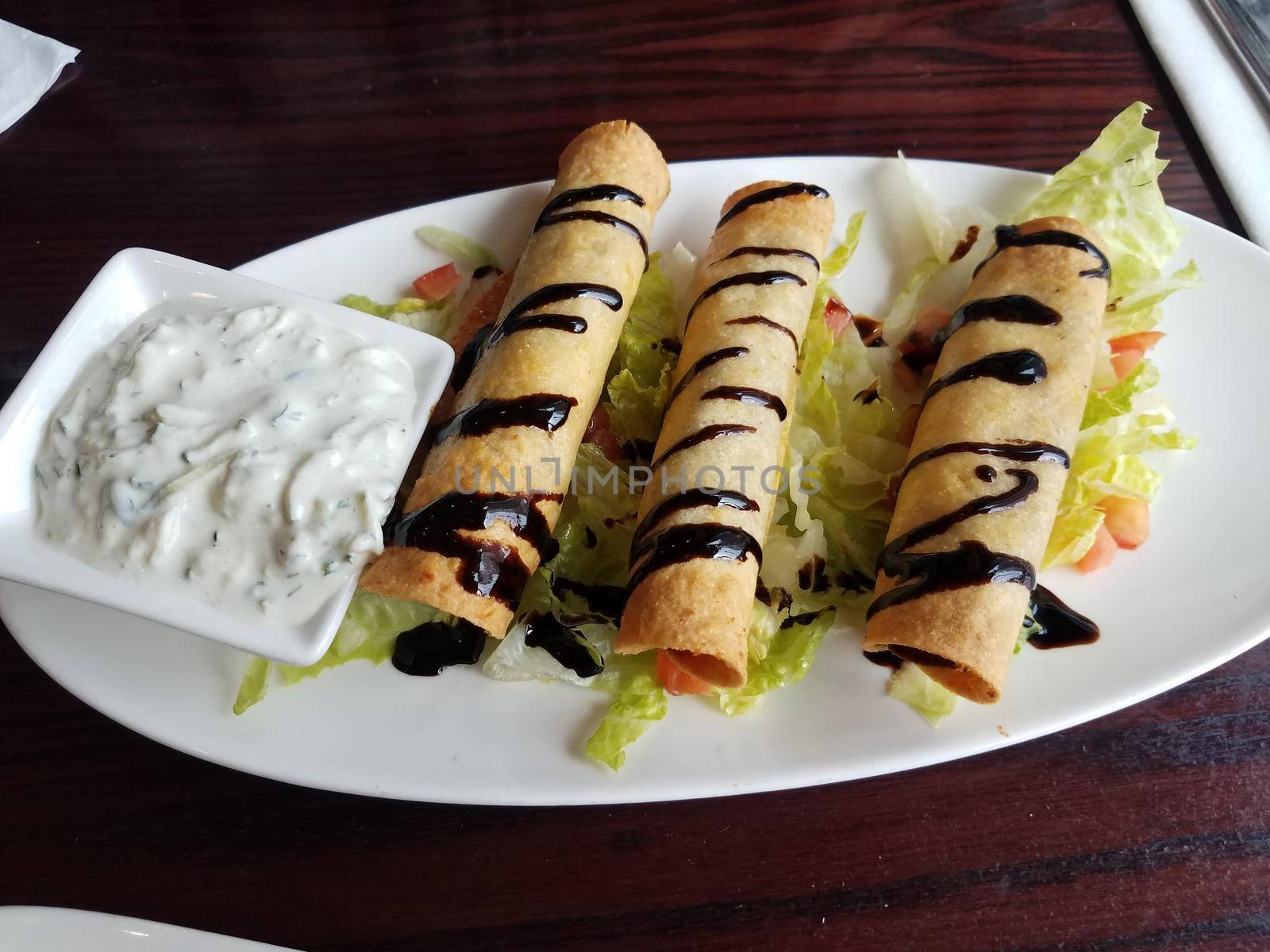 crispy filled rolls appetizer with yogurt dipping sauce by stockphotofan1