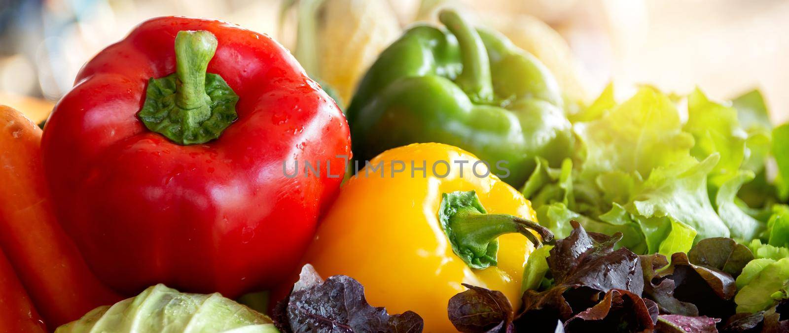 Fresh organic raw vegetable and fruit in bowl for salad on table, vegetarian and healthy food or ingredient and herb for cooking health, harvest for farm, nutrition concept, banner website.