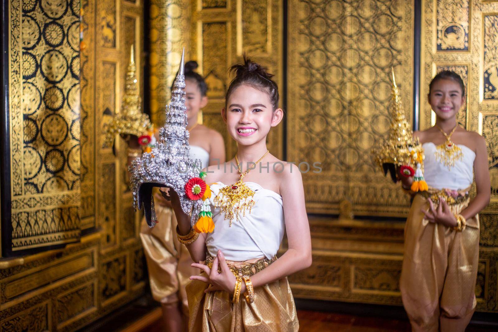 Thai traditional dress. Young kid Actors performs Thai ancient dancing Art of Thai classical dance in Thailand