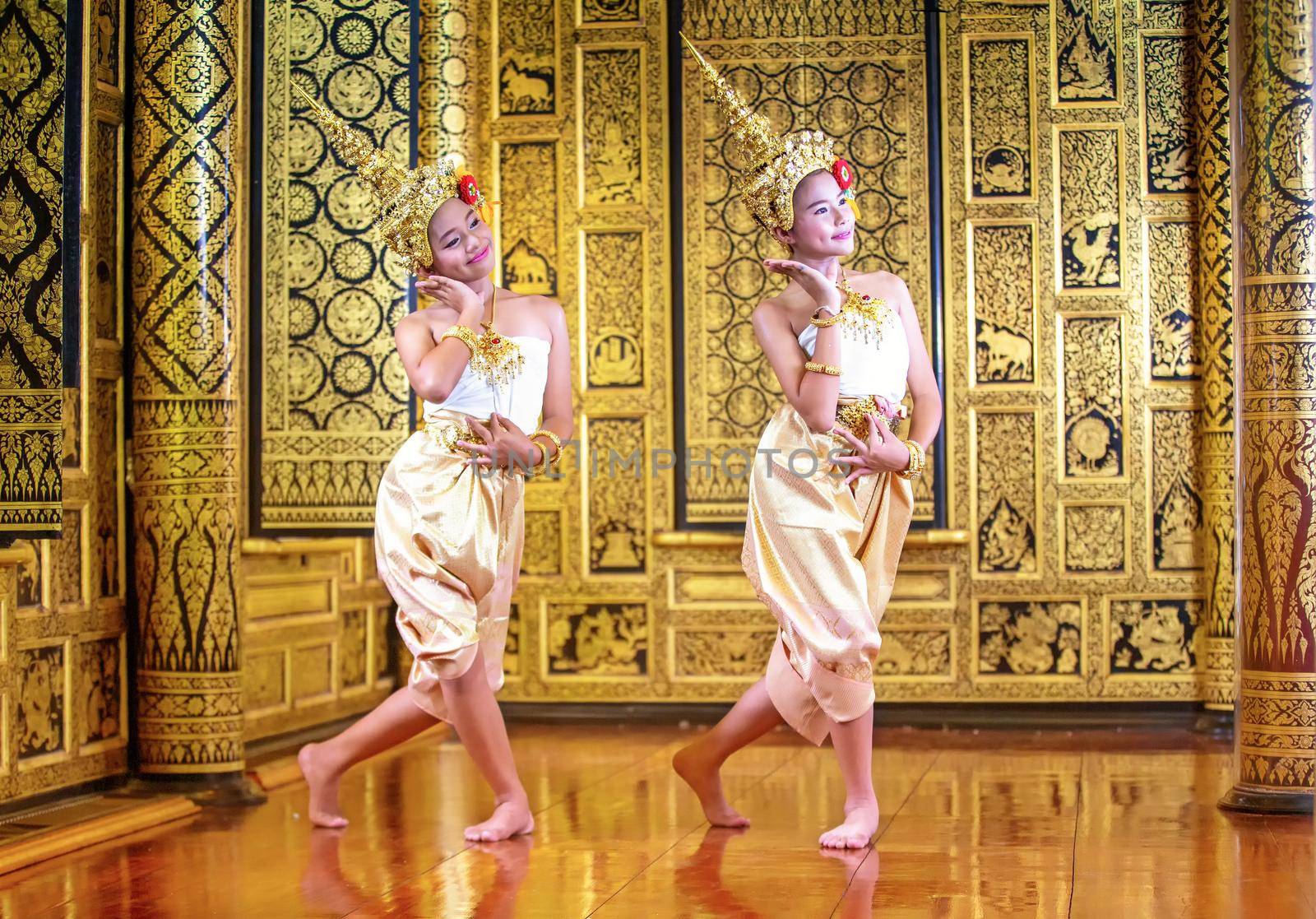 Thai traditional dress. Young kid Actors performs Thai ancient dancing Art of Thai classical dance in Thailand