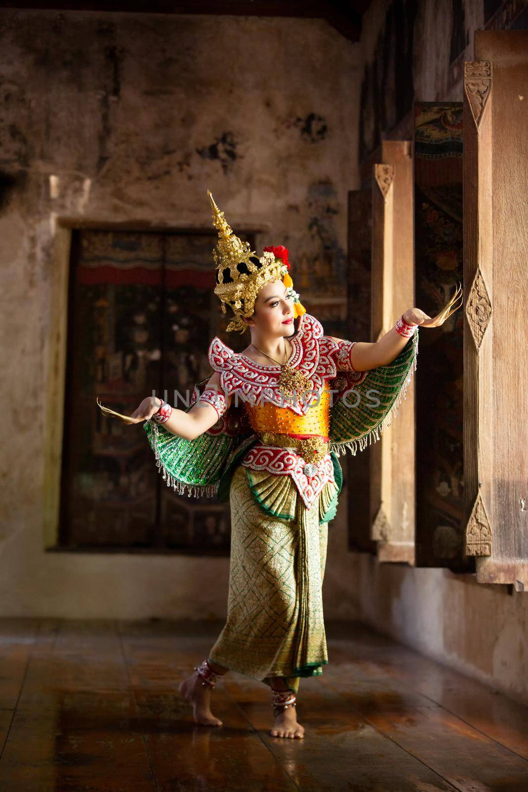 Beautiful Thai young woman portrait in Kinnaree traditional dress costume Art culture Thailand Dancing in masked khon Kinnaree in literature amayana, thailand culture Khon, Ayuttaya by chuanchai