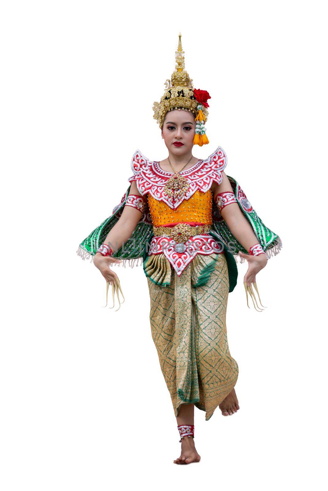 Beautiful Thai young woman portrait in Kinnaree traditional dress costume Art culture Thailand Dancing in masked khon Kinnaree in literature amayana, thailand culture Khon, Ayuttaya by chuanchai