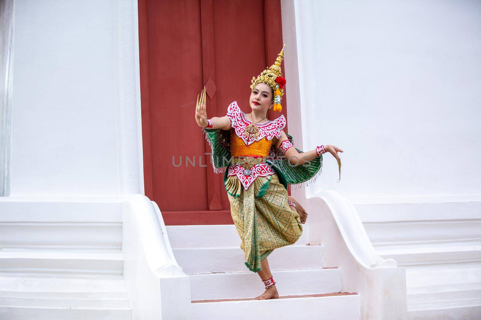 Beautiful Thai young woman portrait in Kinnaree traditional dress costume Art culture Thailand Dancing in masked khon Kinnaree in literature amayana, thailand culture Khon, Ayuttaya, Thailand .