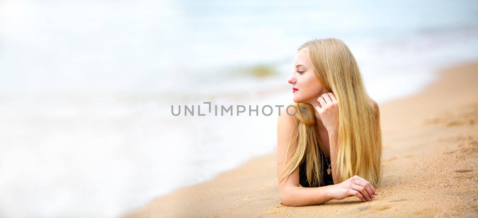 Travel vacation wallpaper - Beautiful young pretty blonde girl in white bikini with white sand on her perfect sport sexy body by chuanchai