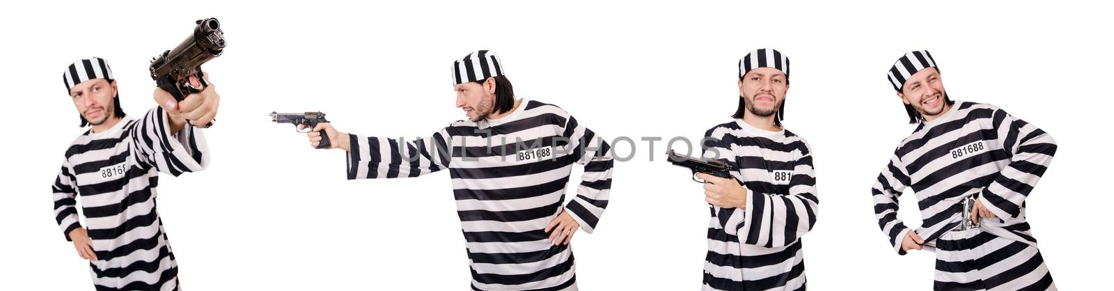 Prison inmate with gun isolated on white