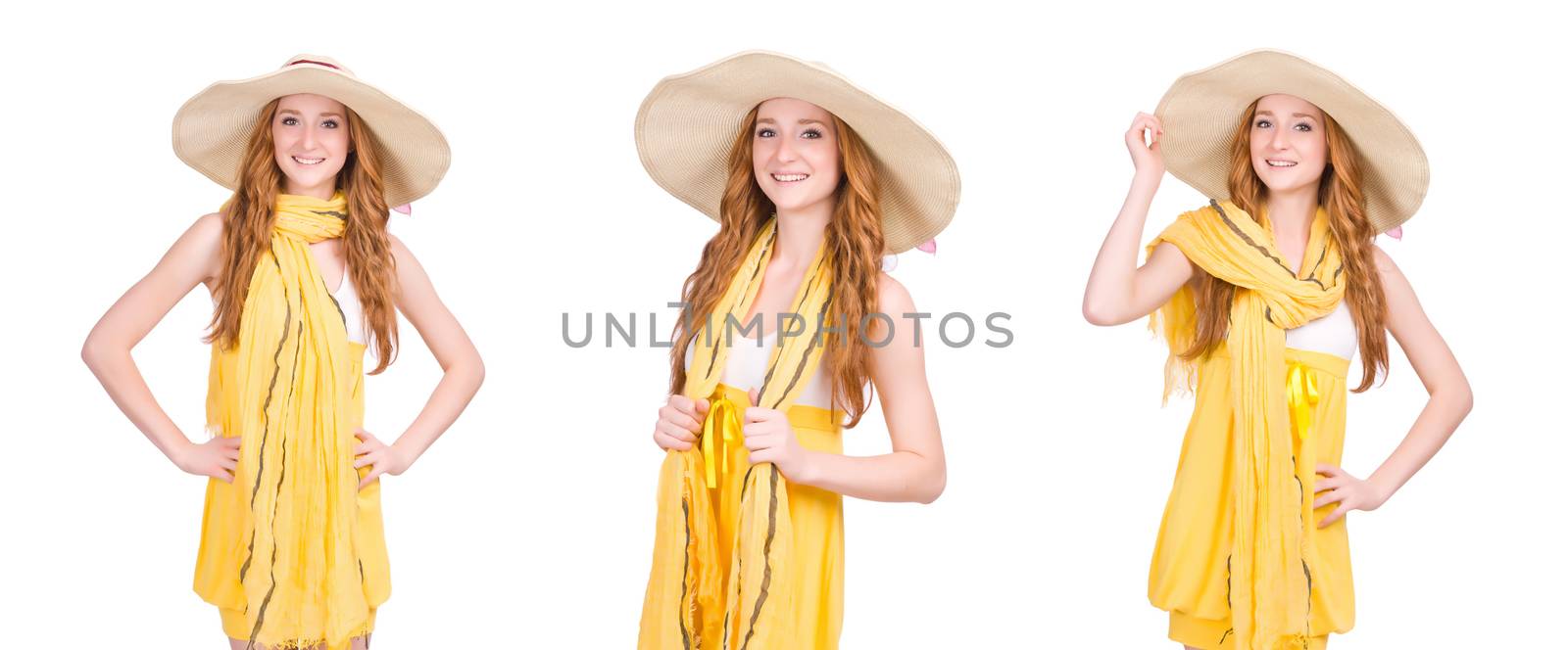 Young woman in yellow summer dress isolated on white by Elnur