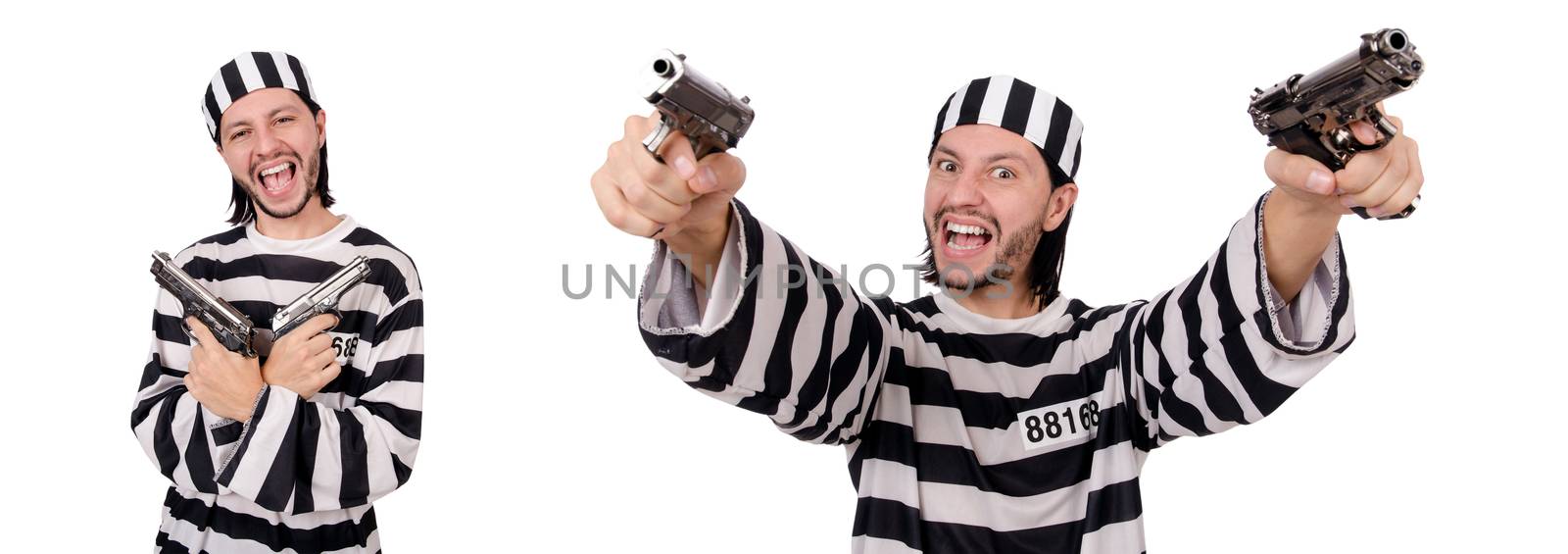 Prison inmate with gun isolated on white