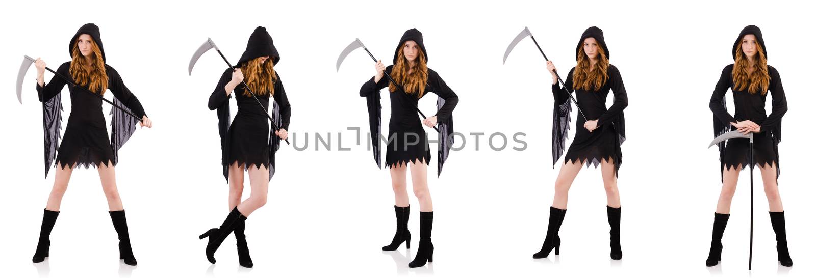 Young witch with scythe isolated on white by Elnur