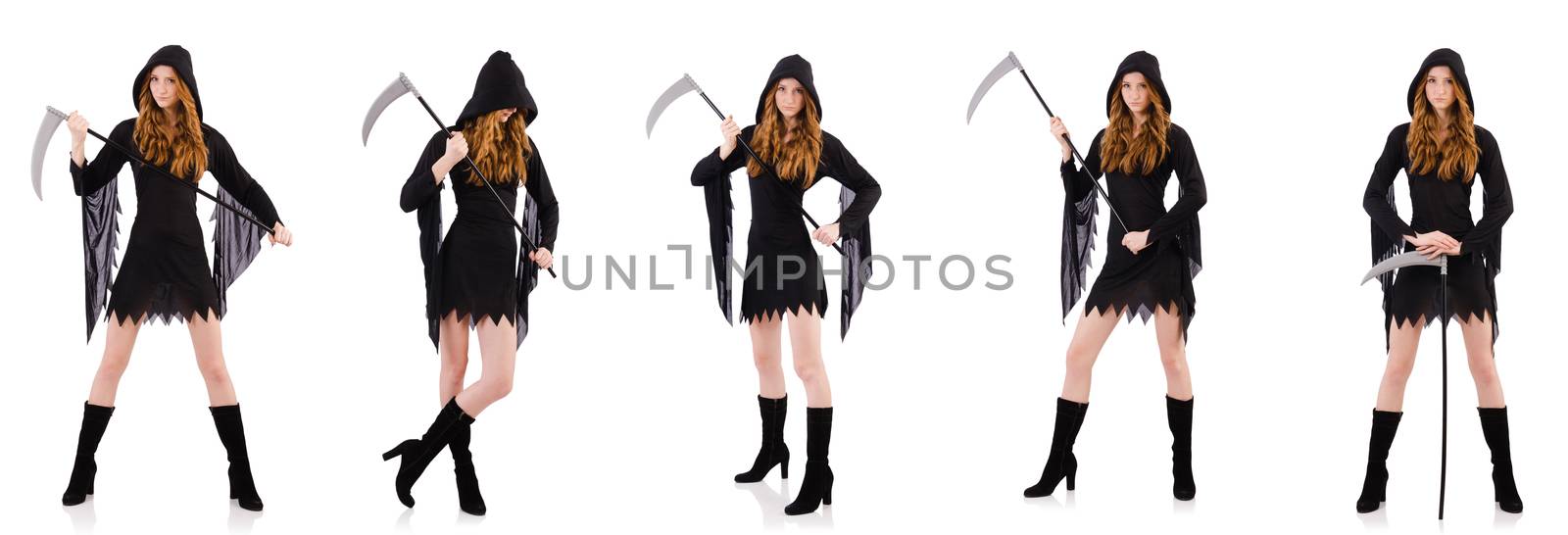 Young witch with scythe isolated on white