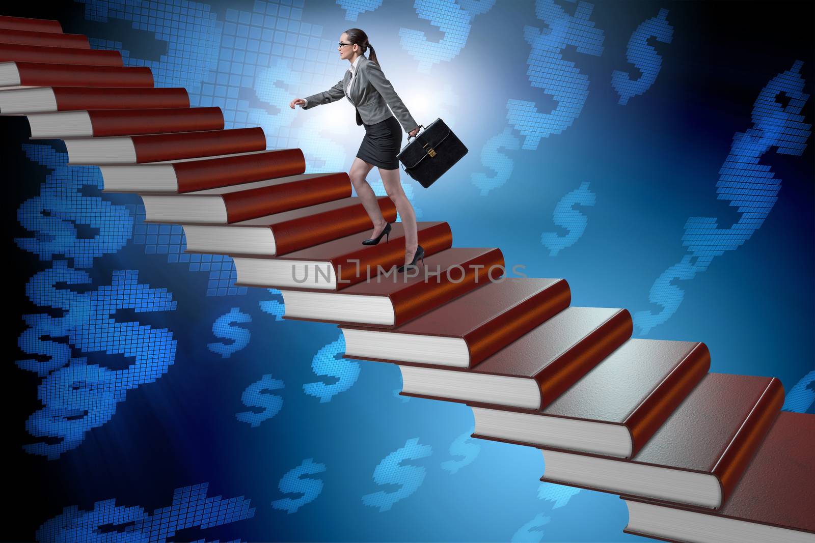 Businesswoman student climbing the ladder of education books by Elnur