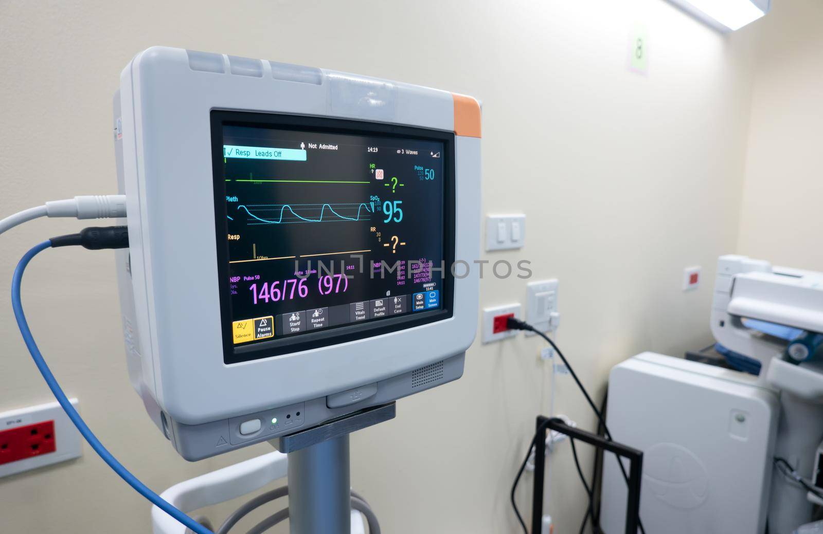 Heart rate monitor at patient room, A medical monitor displaying vital signs by chuanchai