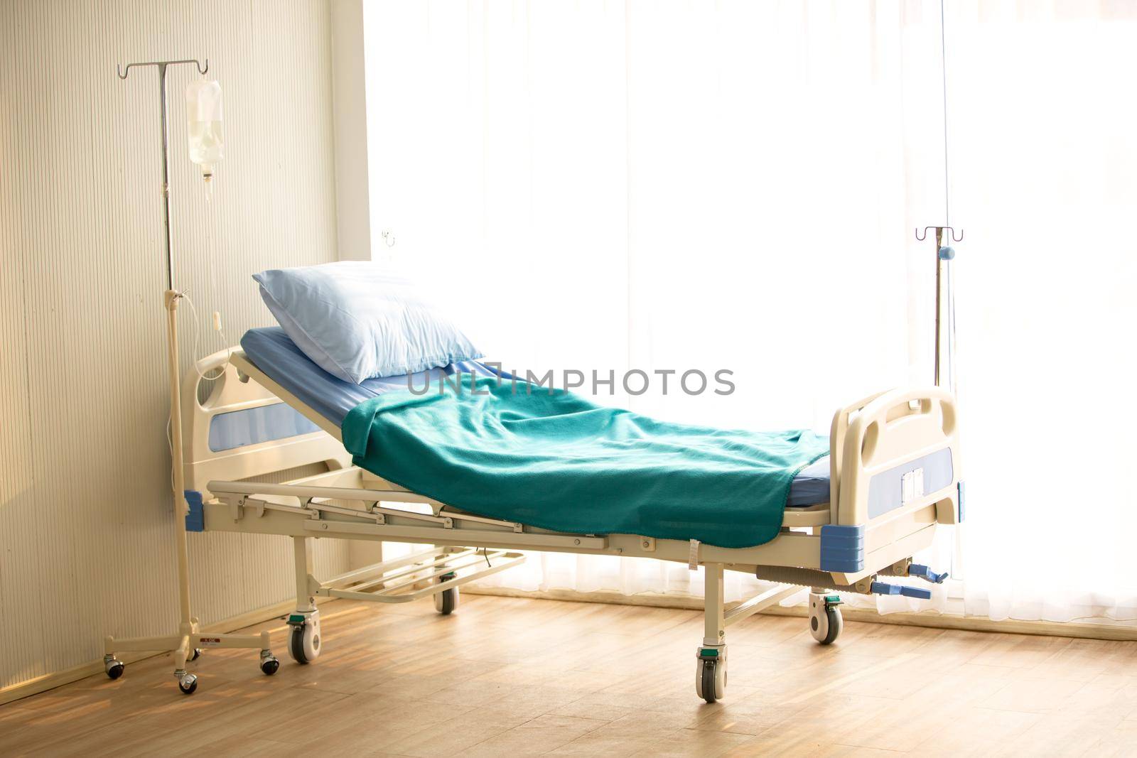 Patient bed in hospital ward with no body