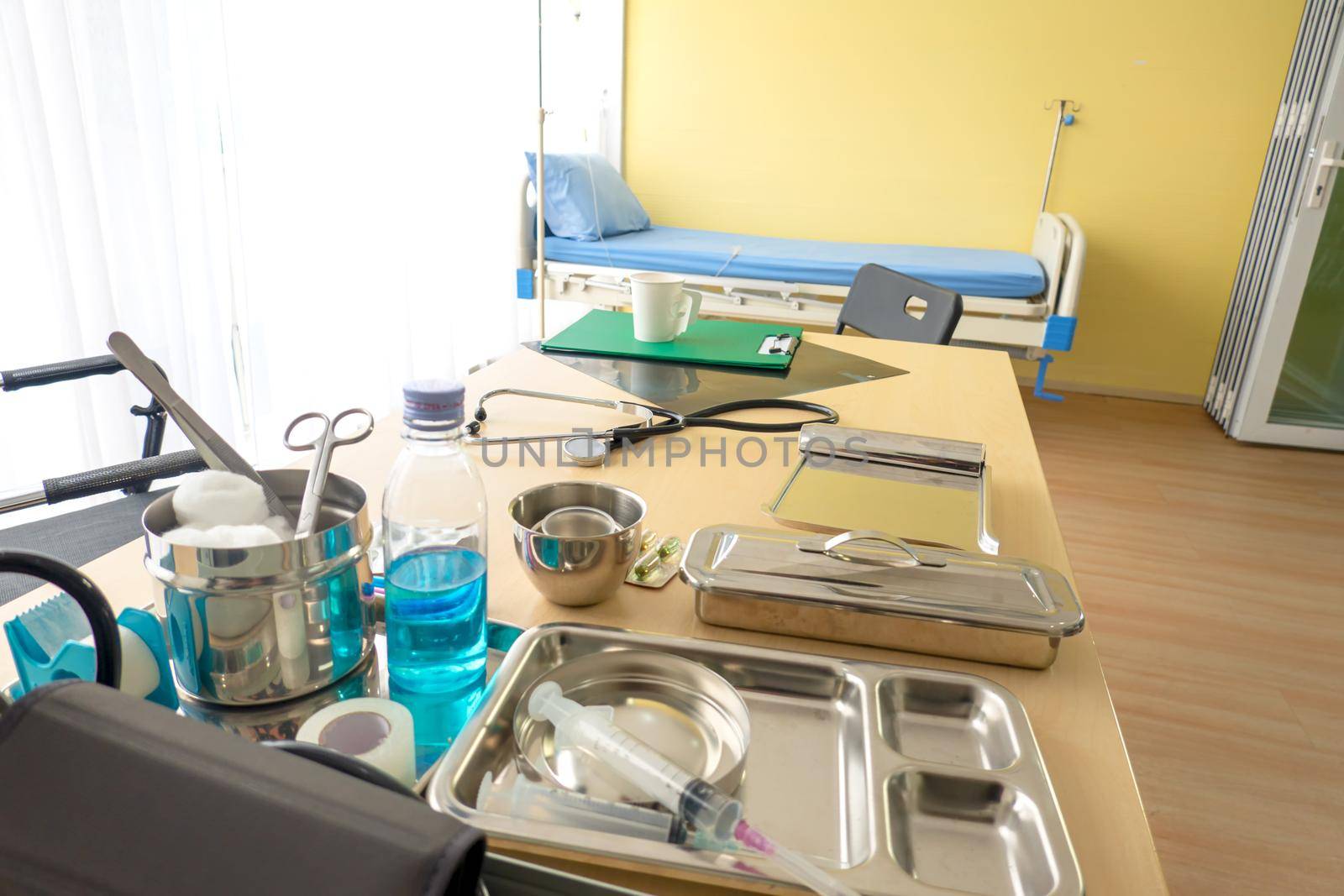Patient bed in hospital ward with no body