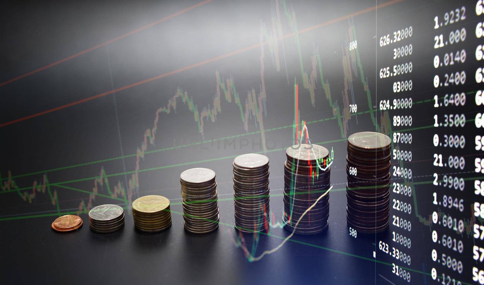 Creative forex chart on monitor. Finance and invest concept. Double exposure. Growing Money - Plant On Coins - Finance And Investment Concept