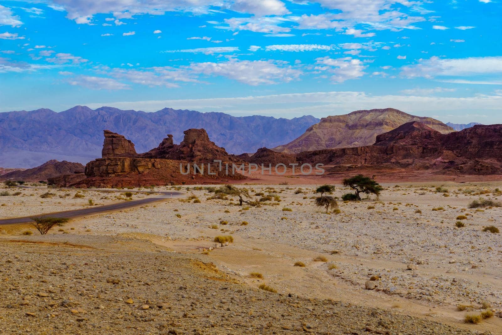 View of landscape and rock formations, in the Timna Valley, Arava desert, southern Israel