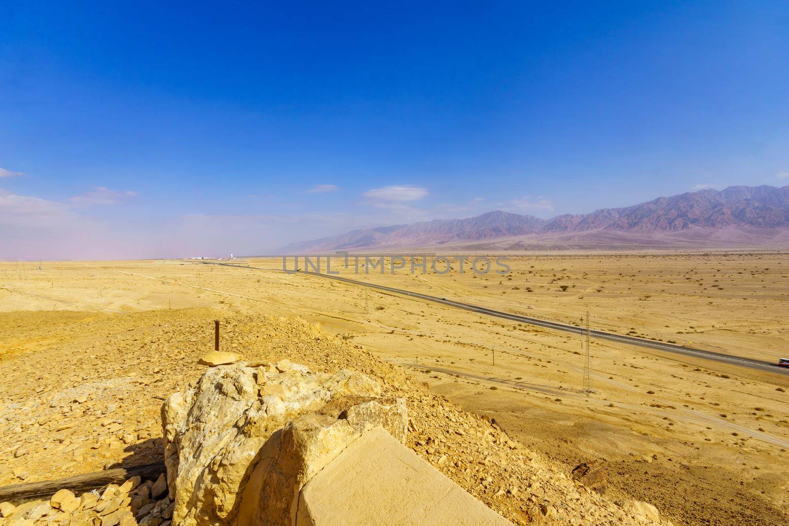 View of the Arava desert landscape, and the Arava road (90), between Israel and Jordan