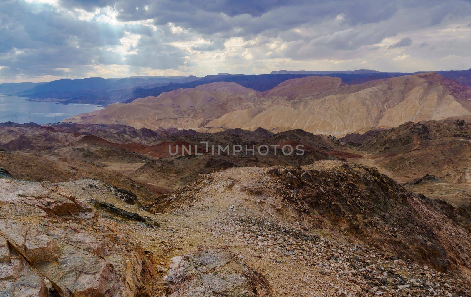 View of Mount Tzfahot and the gulf of Aqaba. Eilat Mountains, southern Israel and Egypt