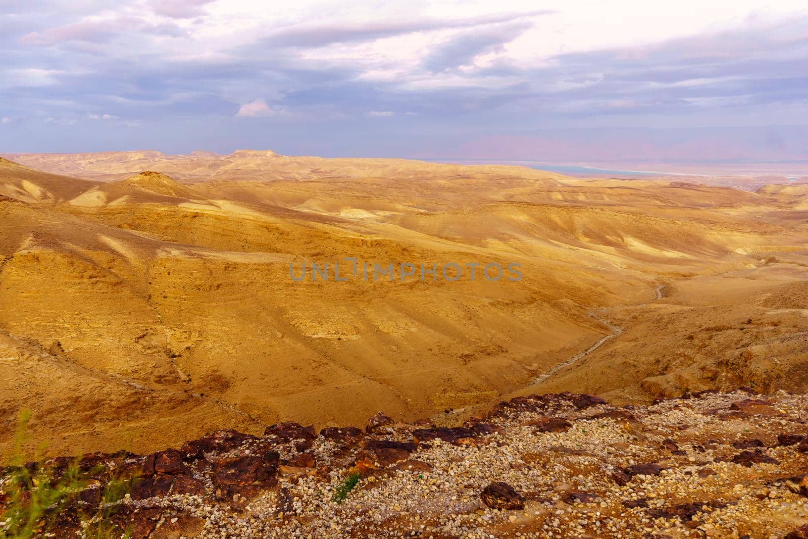 Sunset view of the Judaean Desert and the Dead Sea, from Moab viewpoint, Southern Israel