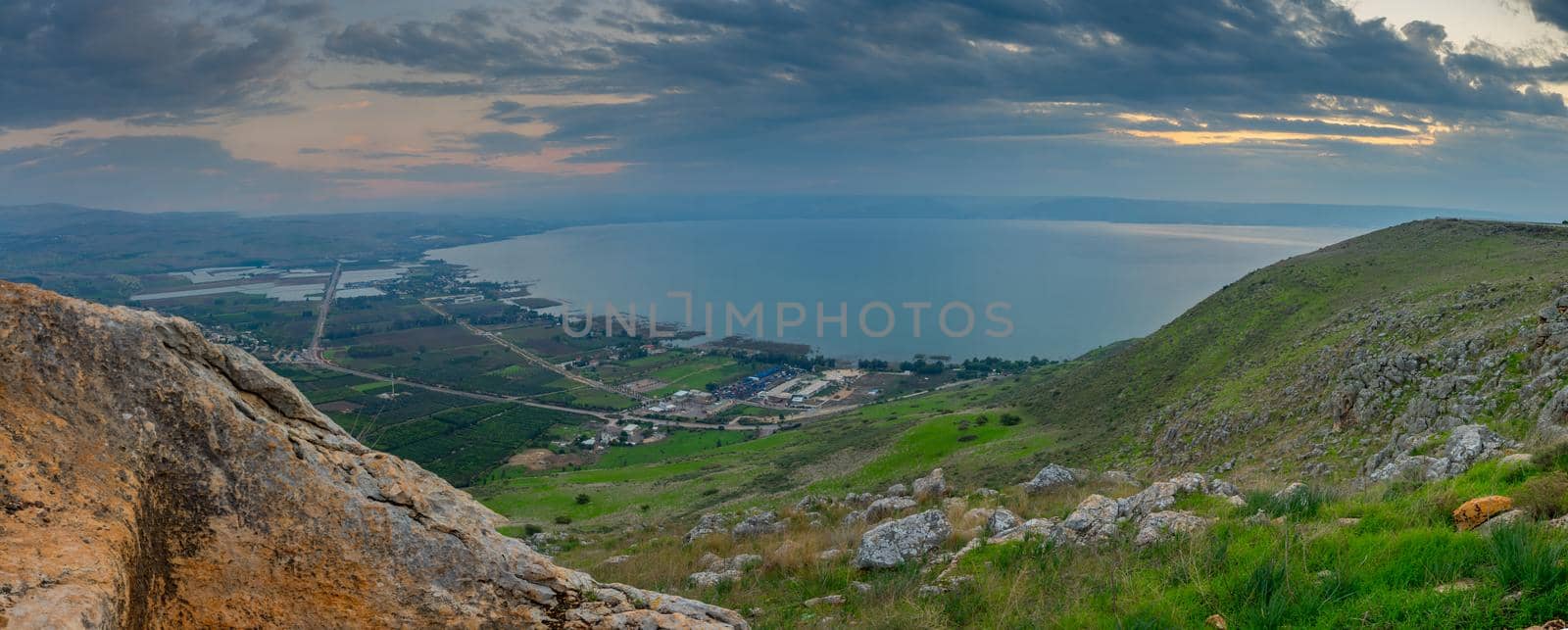 Panoramic sunrise view of the Sea of Galilee, from the west (mount Arbel). Northern Israel