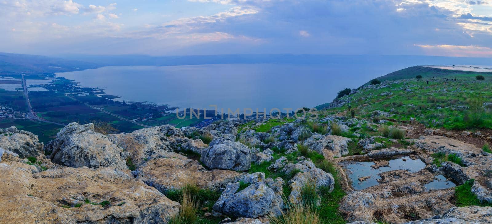 Panoramic morning view of the Sea of Galilee, from the west (mount Arbel). Northern Israel