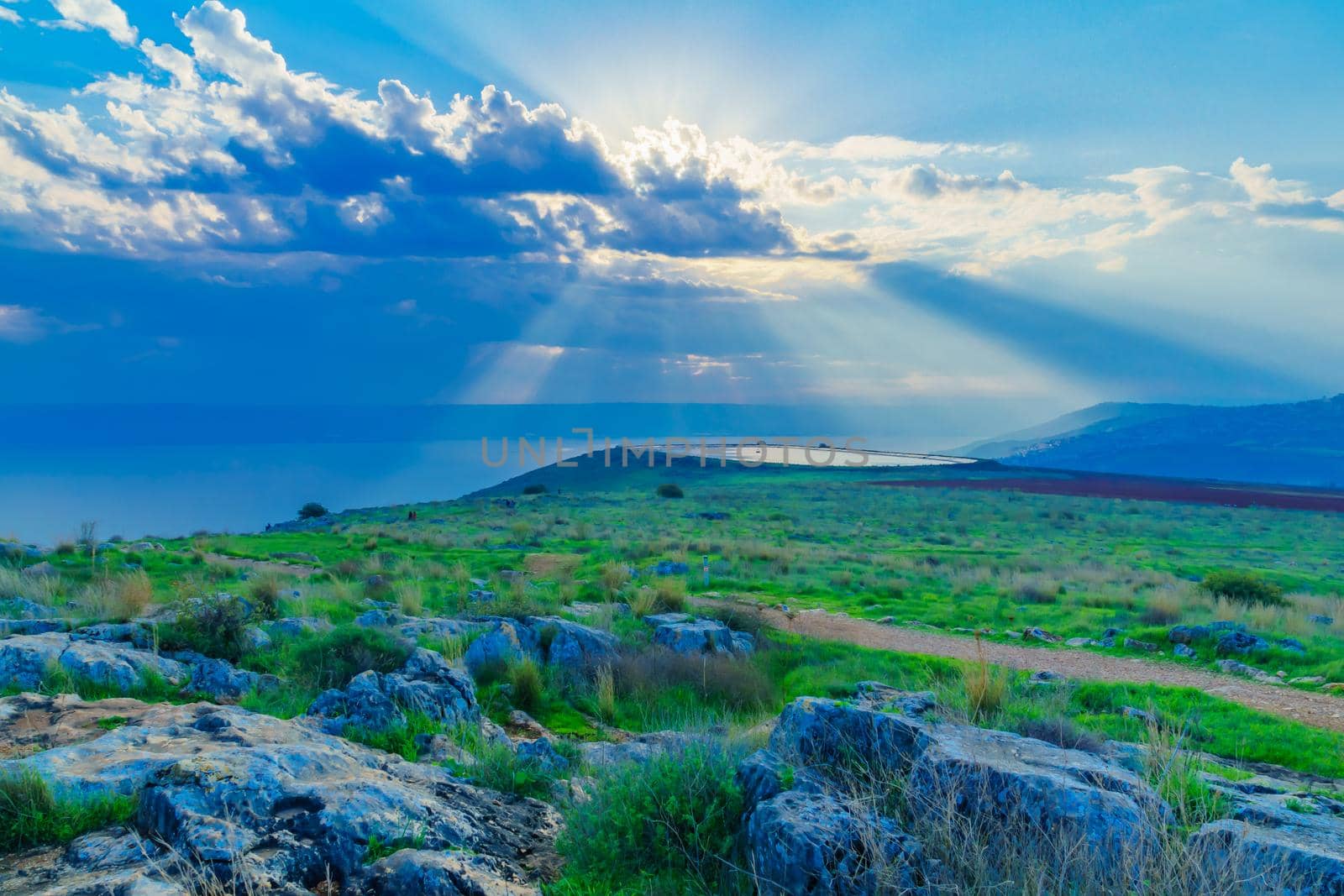 Morning view of the Sea of Galilee, with Sun beams, from the west (mount Arbel). Northern Israel