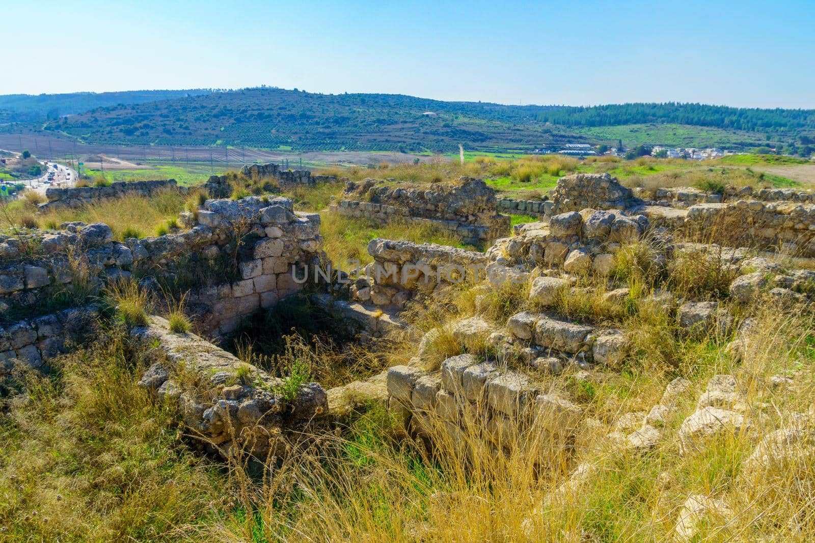 View of ancient ruins in the archaeological site Tel Bet Shemesh, dated to the Middle Bronze Age. Identifies as a Biblical city during the Canaanite and Israelite periods. Central Israel