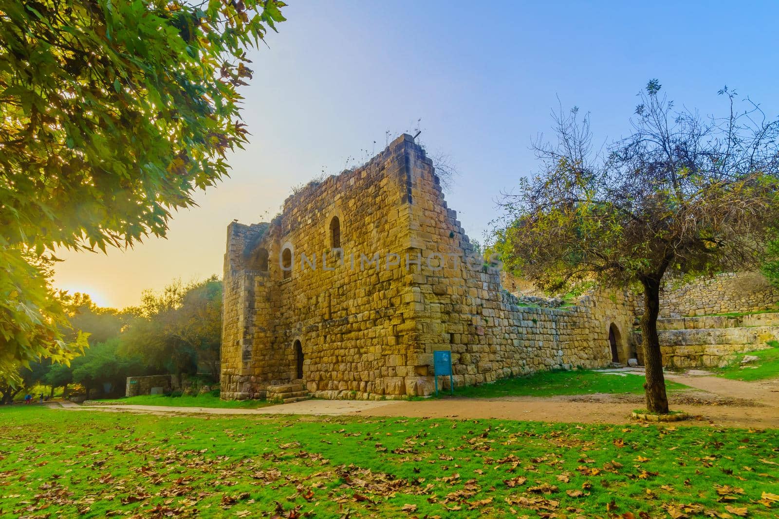 View of a Crusader farmhouse, with trees, and fall foliage in En Hemed National Park (Aqua Bella), west of Jerusalem, Israel