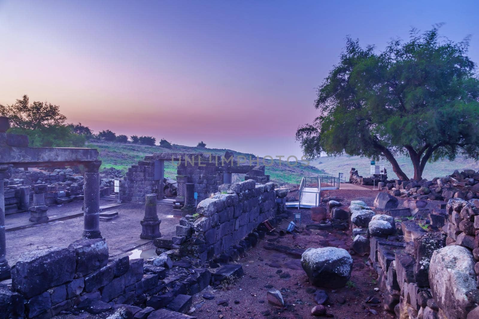 Blue hour (before sunrise) view of the remains of the synagogue of Chorazin (Korazim). Now a National Park in Northern Israel. According to Christian tradition, Jesus preached here and later cursed