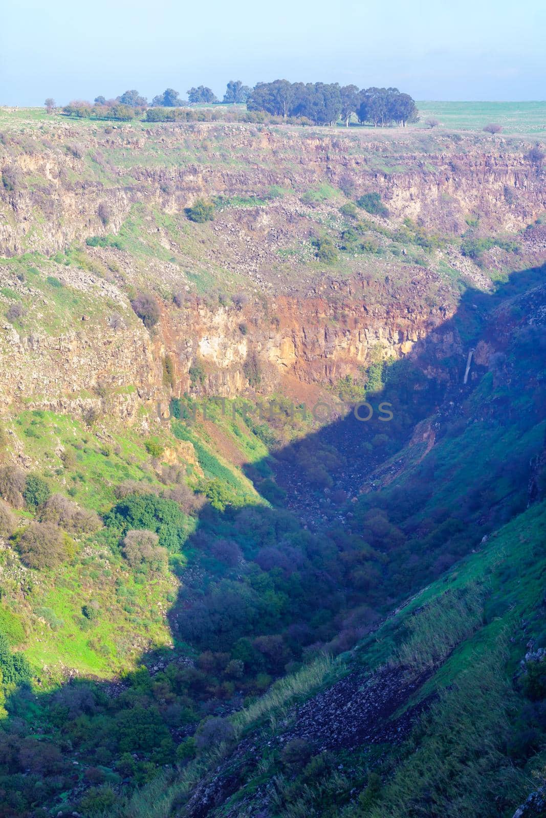 View of the Gamla waterfall (highest waterfall in Israel) and nearby landscape. The Golan Heights, Northern Israel