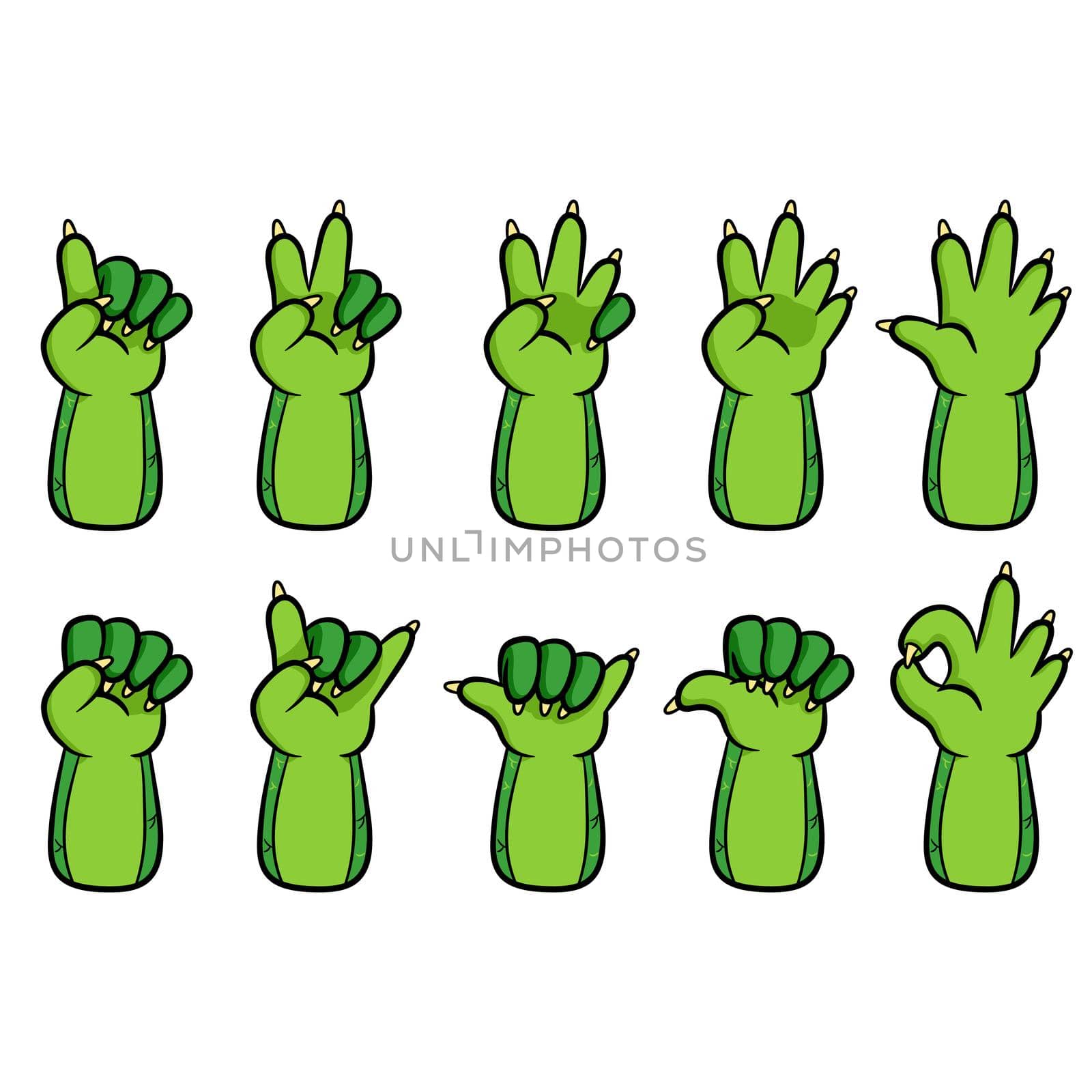 Cartoon hand gesture of big green lizard.