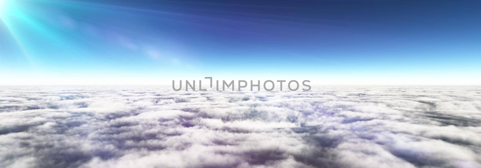 Above clouds sun ray, 3d rendering illustration