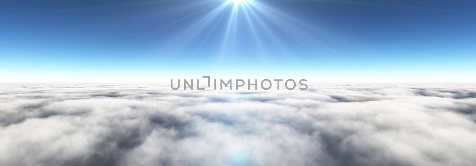 Above clouds sun ray, 3d rendering illustration