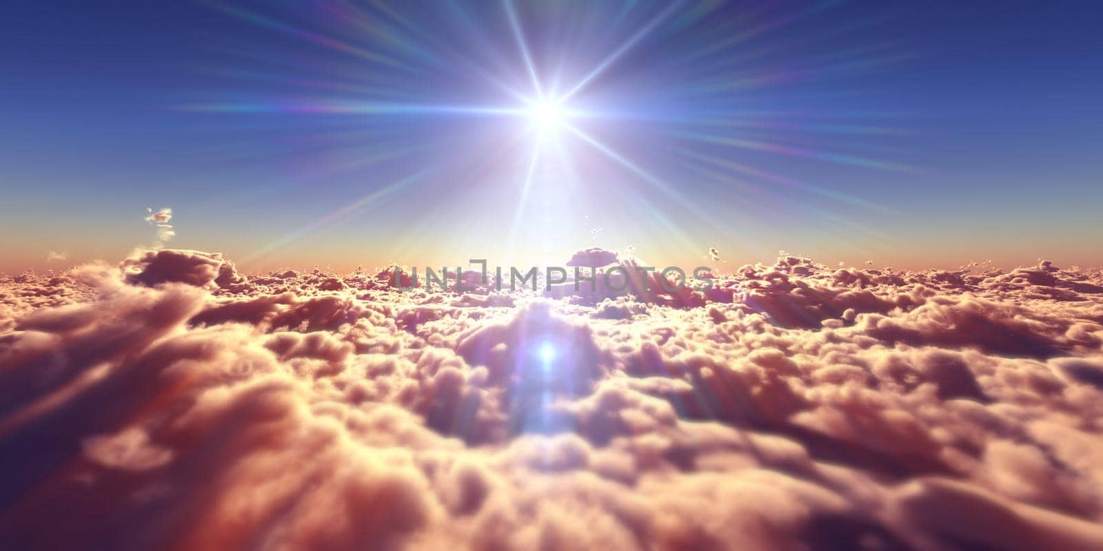 fly above clouds sunset landscape, 3d render illustration