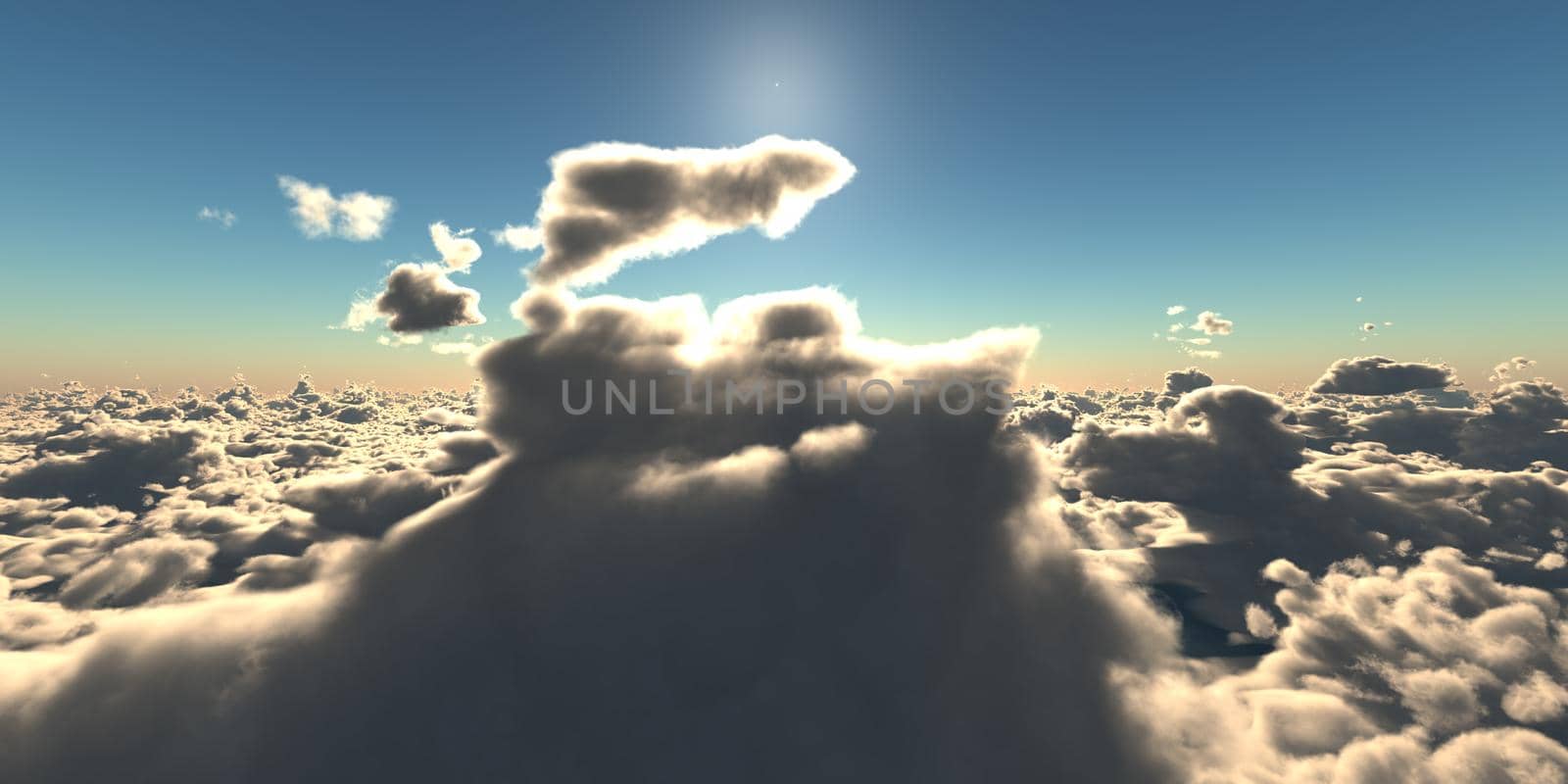 fly above clouds sunset landscape, 3d render illustration