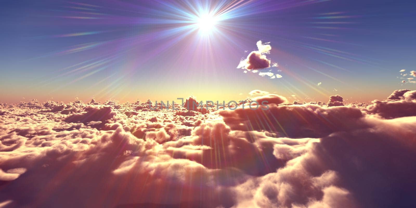 fly above clouds sunset landscape, 3d render illustration