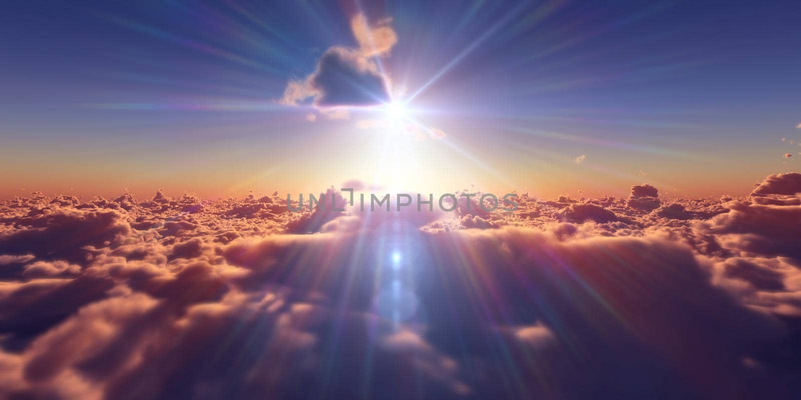 fly above clouds sunset landscape, 3d render illustration