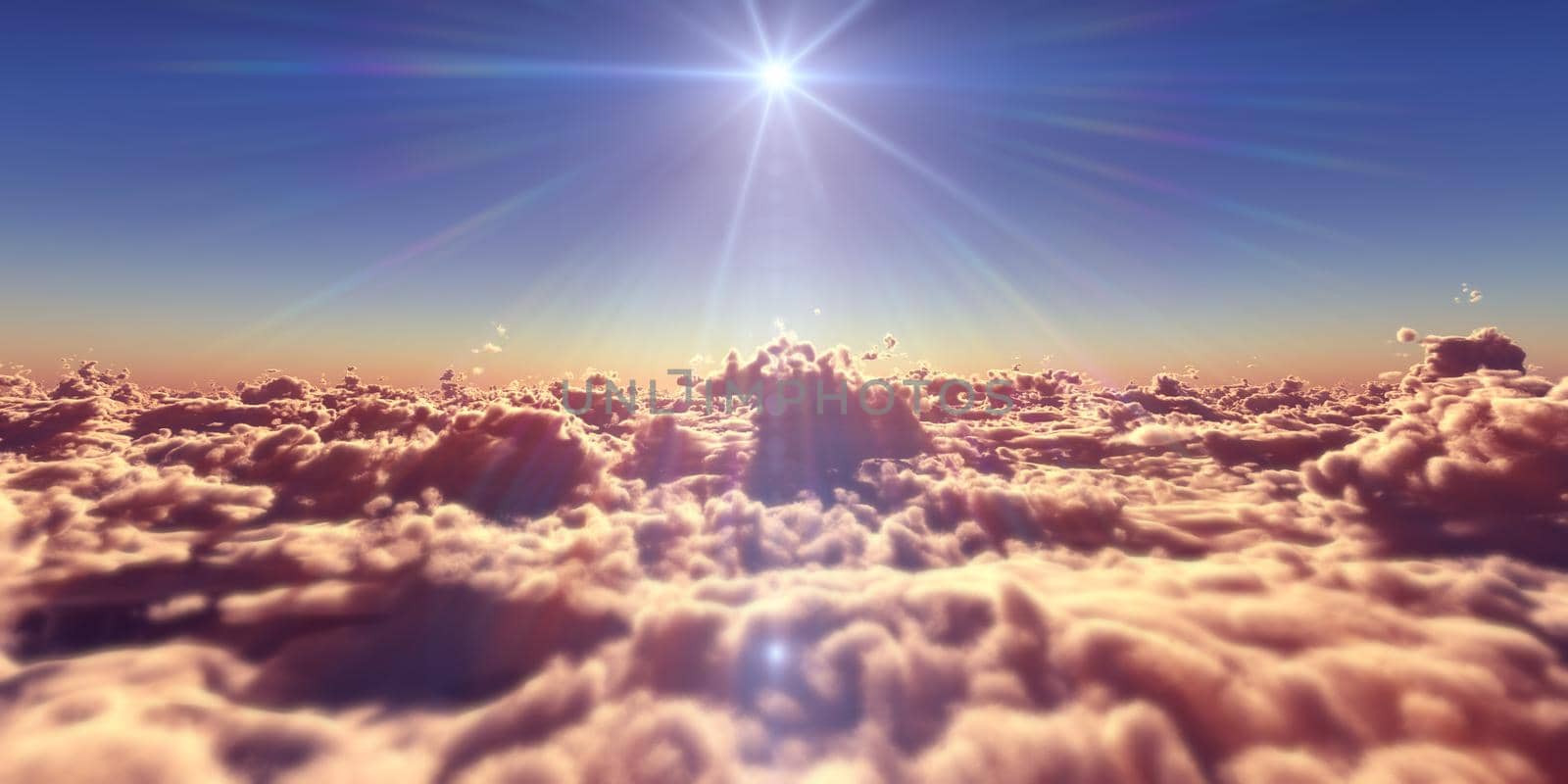 fly above clouds sunset landscape, 3d render illustration