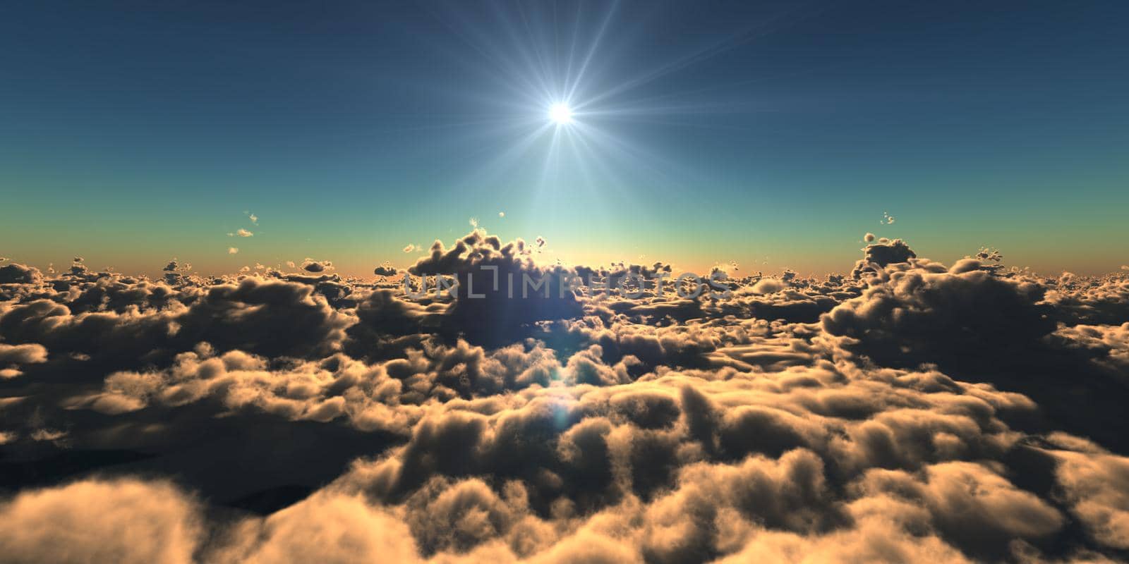 fly above clouds sunset landscape, 3d render illustration