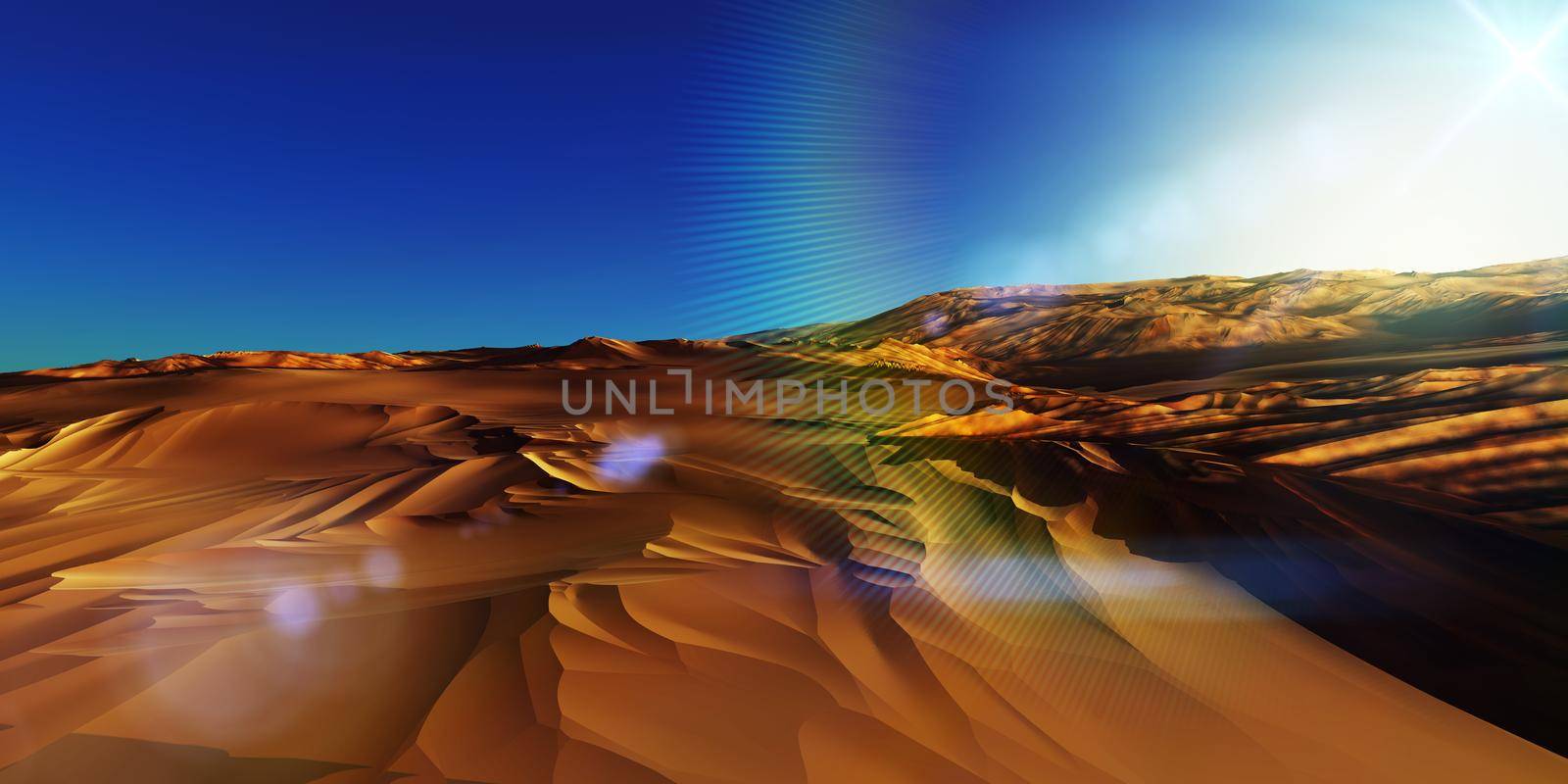 Dunes sunset over the desert. 3d rendering illustration