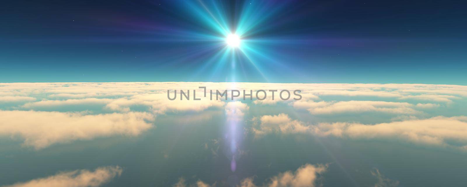 fly above clouds sunset landscape. 3d render illustration